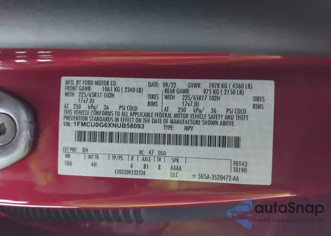 2022 Ford Escape Se from USA, damaged, VIN 1FMCU0G6XNUB58093